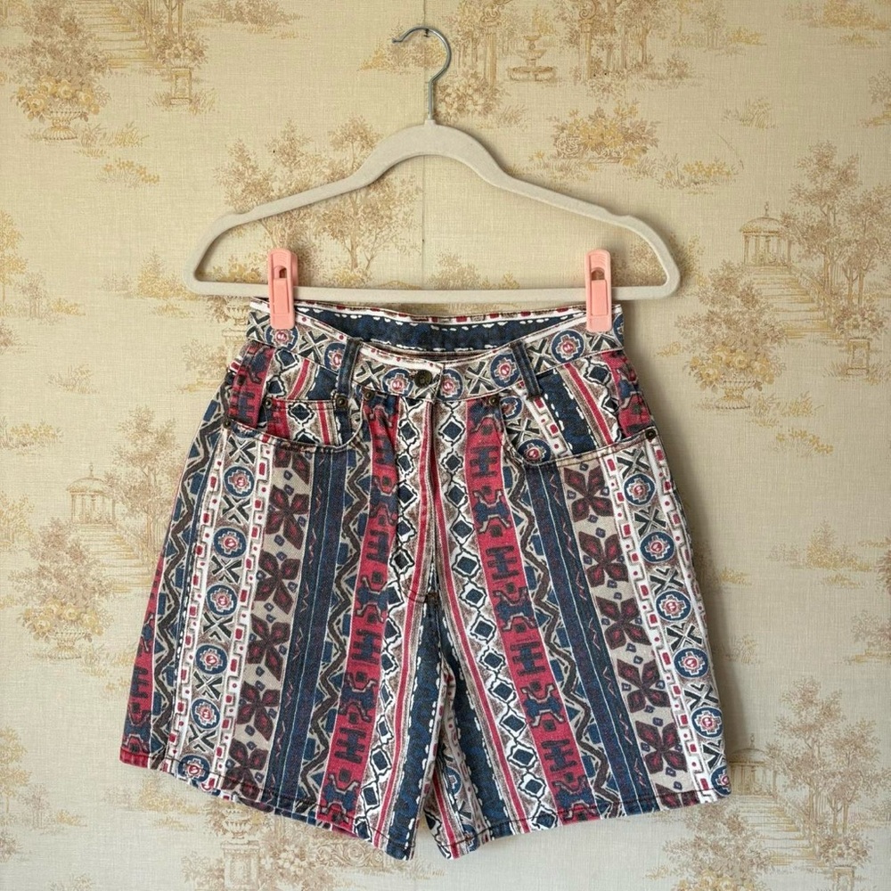 Vintage 90s Red Rover red white blue boho western print high rise denim shorts